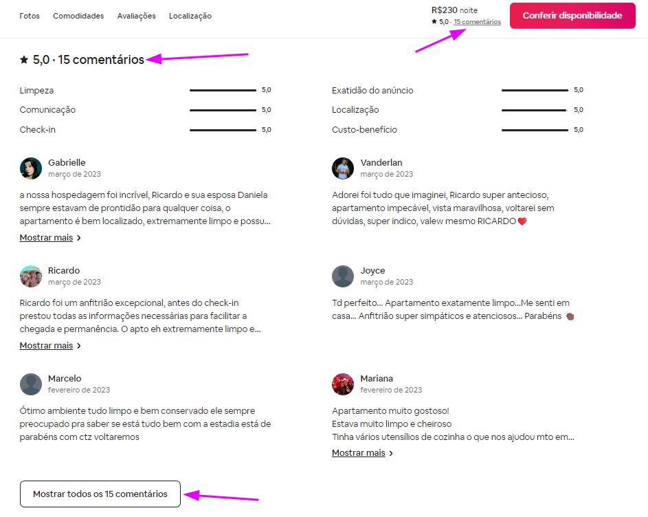 imagem com total de avaliações e comentários do anfitrião no airbnb